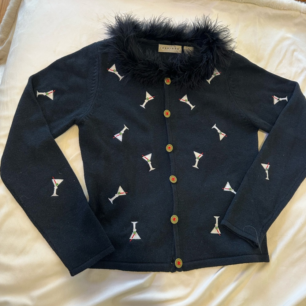 Vintage RARE Y2K Silk Black Martini Sweater Cardigan Fur Trim